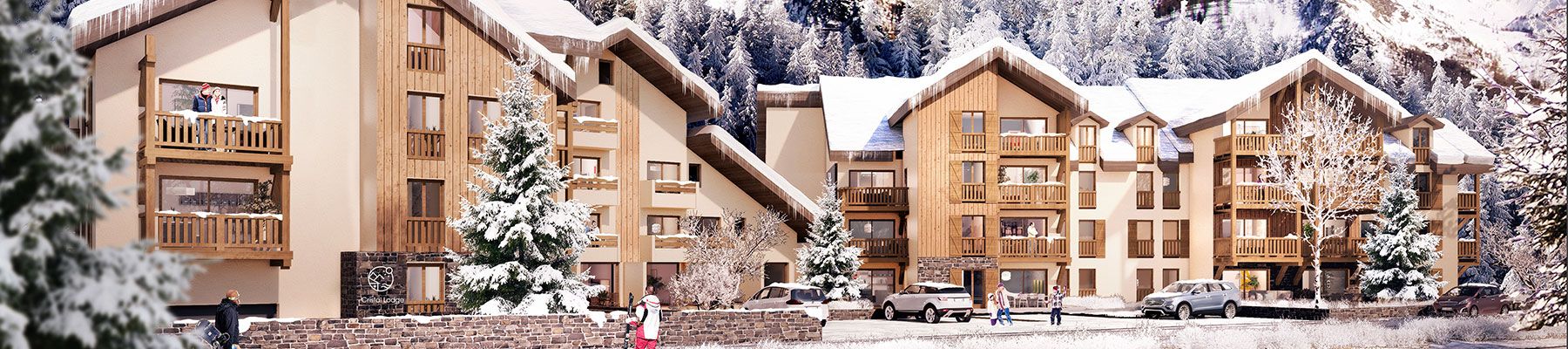 Programme Cristal Lodge à Serre Chevalier sous la neige. Nouveau programme immobilier neuf du groupe Terresens