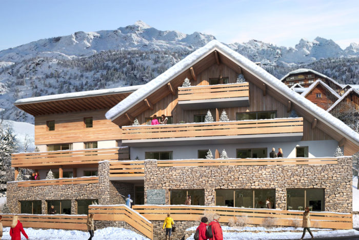 Façade du nouveau programme immobilier neuf du groupe Terresens. Résidence, haut de gamme, l'Etendard à Vaujany. Investir dans l'immobilier neuf à la montagne