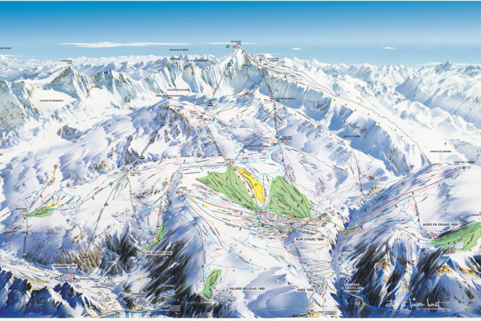 Plan des pistes de ski des domaines de Vaujany, Oz en Oisans, Villard Reculas, Huez et Alpe D'Huez